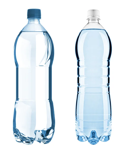 Μπλε μπουκάλια με νερό που απομονώνονται σε λευκό υπόβαθρο με cl — Φωτογραφία Αρχείου