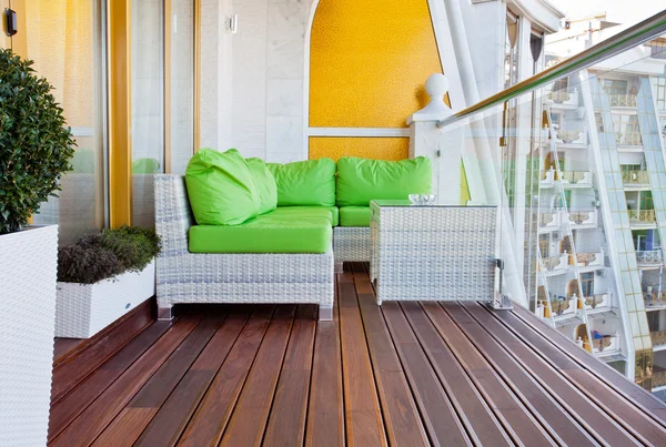Penthouse apartment balcony with wooden decking — Stock Photo, Image
