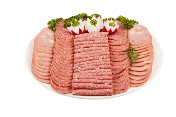 Salamı jambon eti ve daha beyaz arkasında izole plaka — Stok fotoğraf