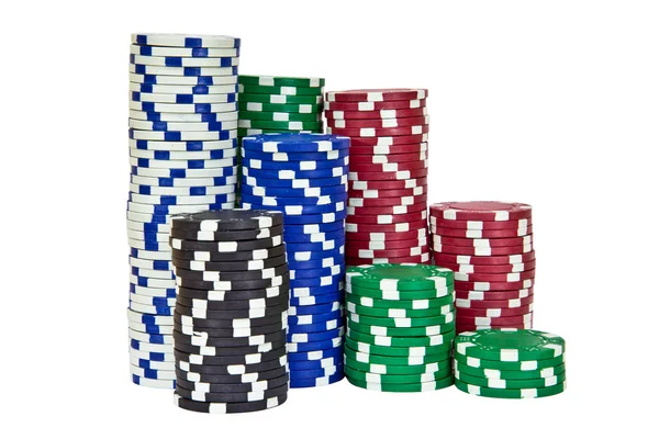 Stapels van poker chips met inbegrip van rood, zwart, wit, groen en blu — Stockfoto