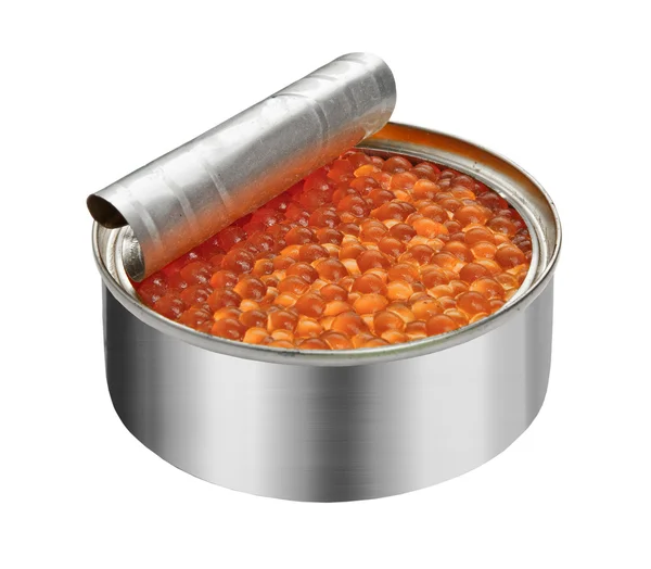 stock image Red caviar in the open metal container isolated on white,