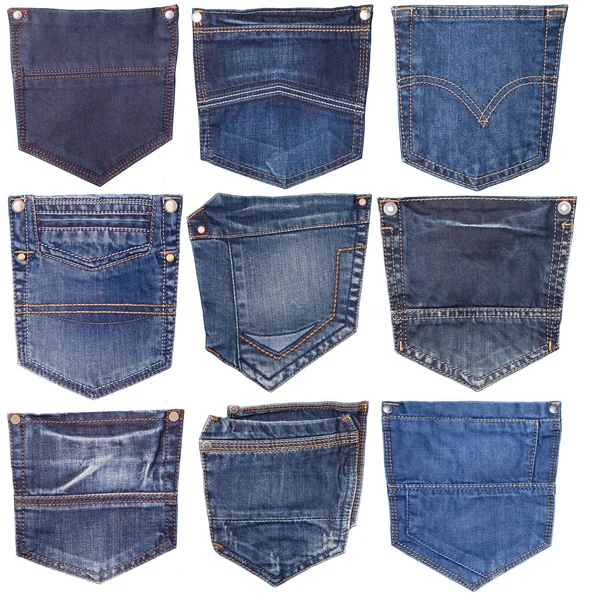Collection of different jeans pocket isolated on white. — Stock Photo, Image