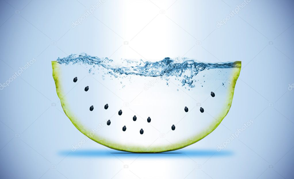 Slice of watermelon. Wave. Water splashing