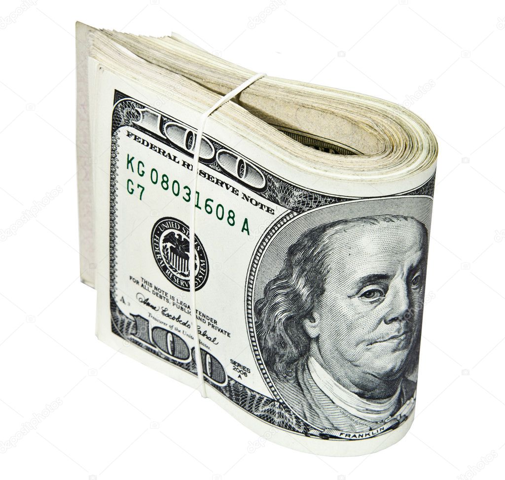 Folded hundred dollar bills isolated on white