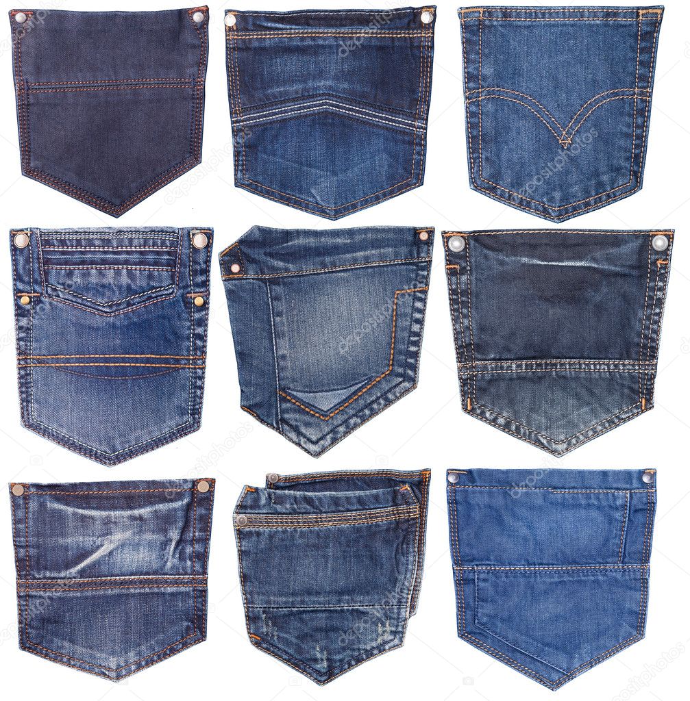 Collection of different jeans pocket isolated on white. — Stock Photo ...