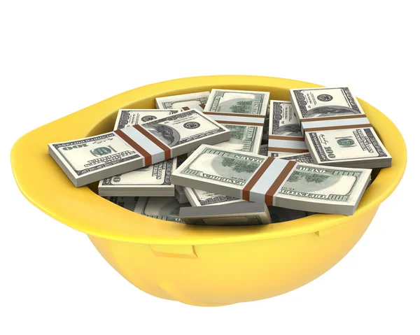 Żółty kask pełny dolarów — Zdjęcie stockowe