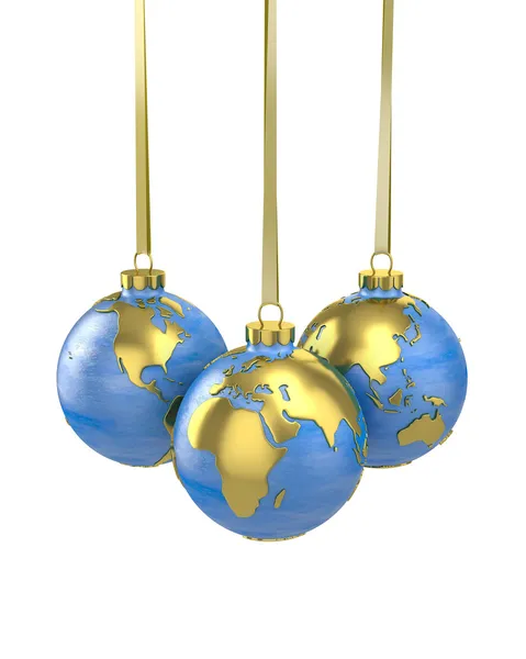Three christmas balls shaped as globe or planet — Stockfoto