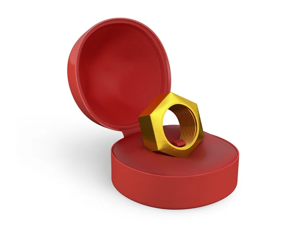 Golden female screw in a white ring box — Stock Photo, Image