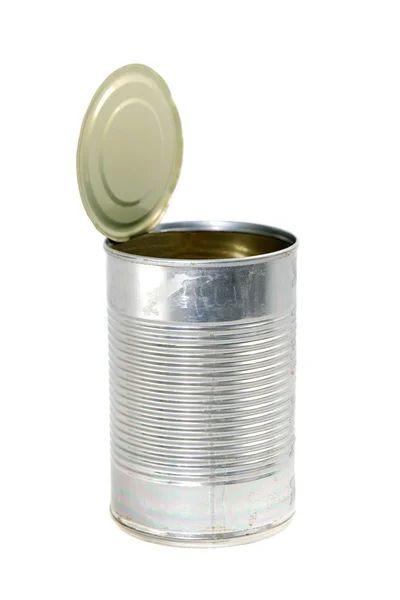 Empty metal food can with top — Zdjęcie stockowe