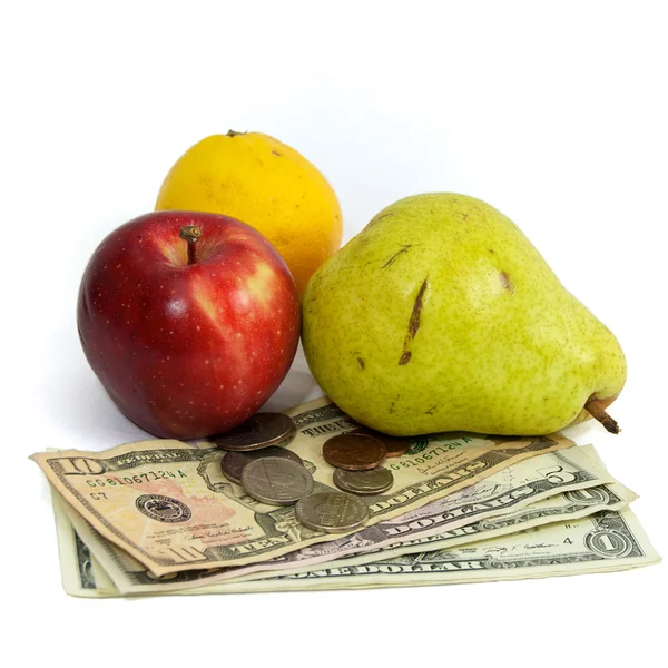Coste de la fruta y el dinero de los alimentos — Foto de Stock