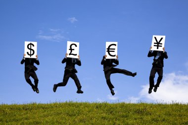 Businessman jumping and holding 4 different currency signs. dollar, pond, clipart