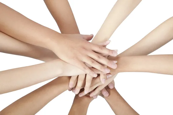 Grupo de 's mãos juntas isoladas em branco — Fotografia de Stock