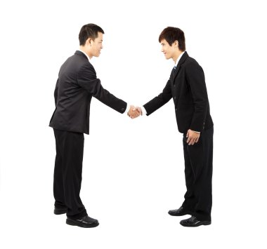 Asian businessman hand shake and bow clipart