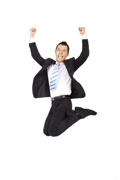 Happy businessman jumping and isolated on white background — Stock Photo, Image