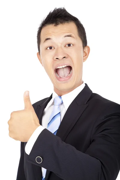 Szczęśliwy azjatycki biznesmen z kciukiem na białym tle na biały — Zdjęcie stockowe