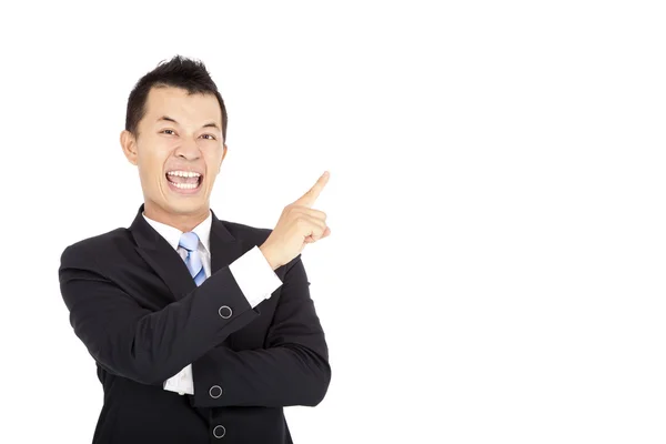 Γελώντας επιχειρηματίας δείχνει και να απομονωθεί σε λευκό — Φωτογραφία Αρχείου