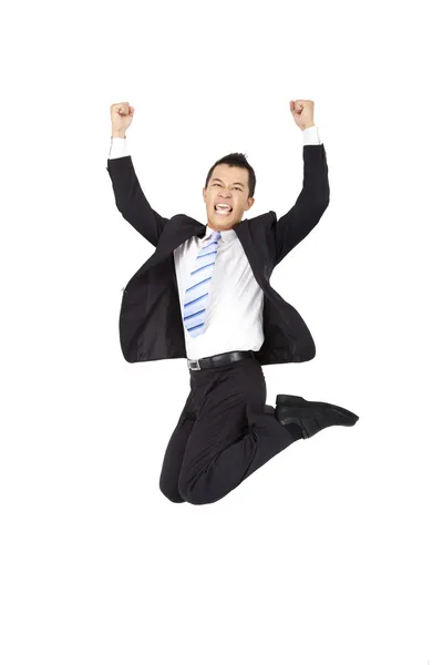 Glücklicher Geschäftsmann springt und isoliert auf weißem Hintergrund — Stockfoto