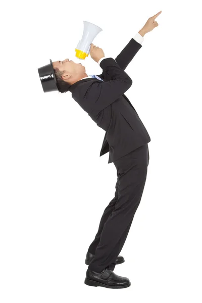 Businessman Using a Megaphone and pointing — Stock Photo, Image