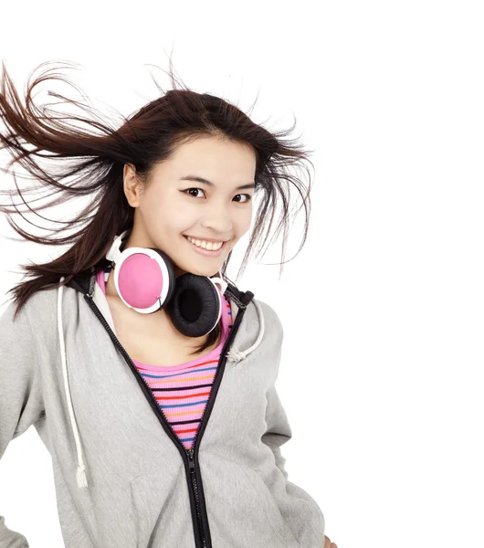 Piękne azjatyckie kobiety ze słuchawkami — Zdjęcie stockowe