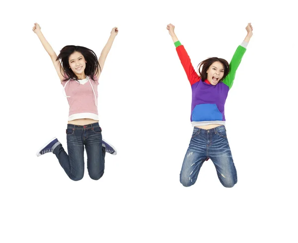 Two happy young asian woman jumping with hands up — Stock Photo, Image