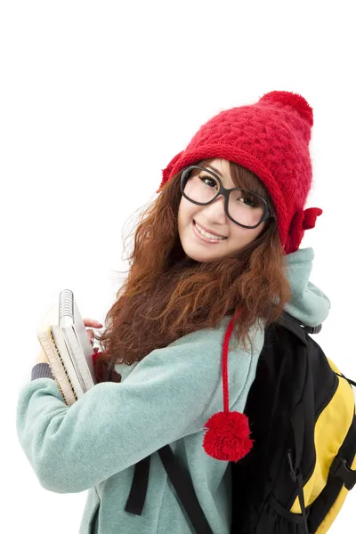 Feliz ásia jovem mulher no inverno chapéu e desgaste — Fotografia de Stock