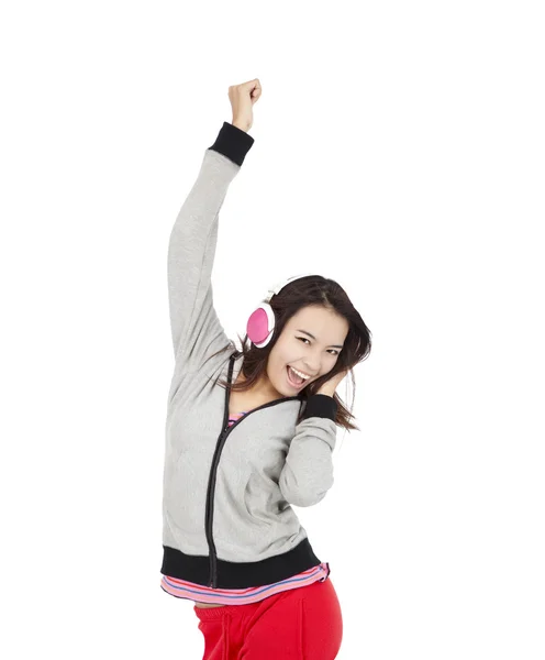 Mooie Aziatische meisje luisteren muziek en dans — Stockfoto