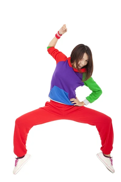 Aziatische jonge vrouw dansen en geïsoleerd op witte achtergrond — Stockfoto