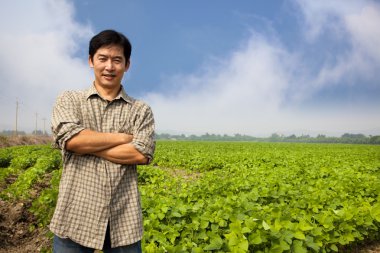 Chinese middle aged farmer and his farm clipart
