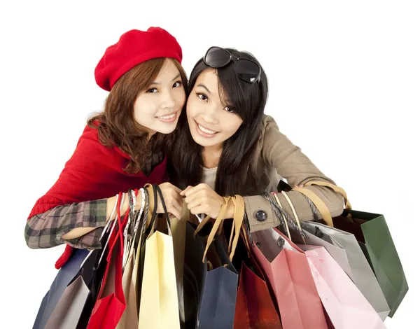 Feliz asiático meninas segurando compras saco — Fotografia de Stock