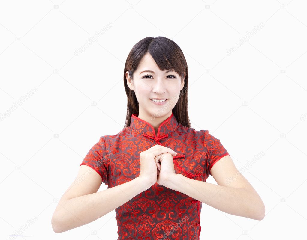 Happy chinese new year. smiling young woman with gesture of congratulation