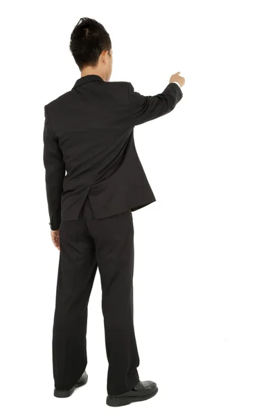 Homem de negócios apontando e tocar algo isolado no fundo branco — Fotografia de Stock