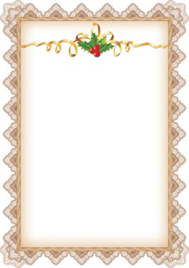Vintage Christmas Page with Holly, Gold Ribbon and Guilloche Bor clipart