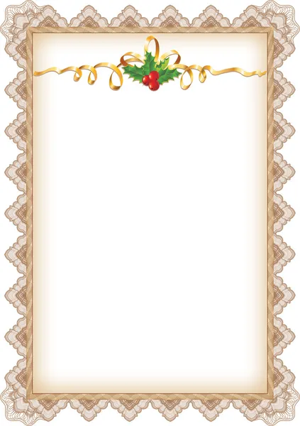Ročník vánoční Stránka s holly, zlatou stuhu a gilošovaným bor — Stockový vektor