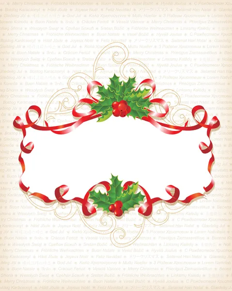 Noël Holly Banner Arrière-plan avec texte sur 30 langues différentes — Image vectorielle