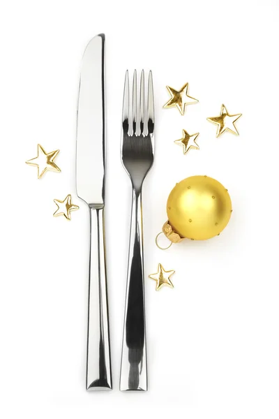 Kniv och gaffel med småsak och stjärnor / jul — Stockfoto