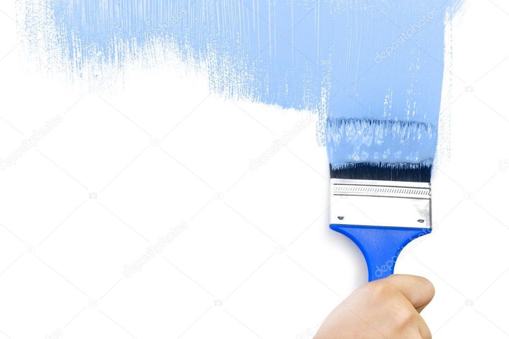 Blue painted shape with brush / white background / copy space