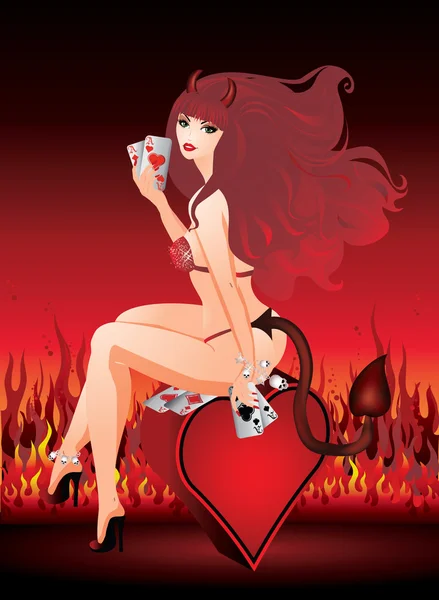 扑克的时间。美丽的恶魔女孩和扑克的心 — 图库矢量图片
