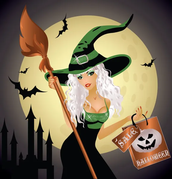 Halloween shopping witch, illustrazione vettoriale — Vettoriale Stock