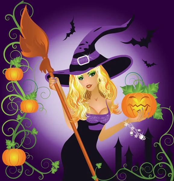 Halloween sexy witch with pumpkin, vector illustration — Stock Vector