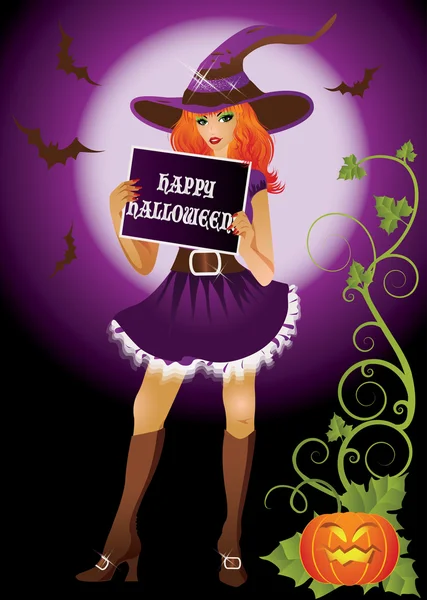 Girl witch with banner in halloween style. vector — Stock Vector