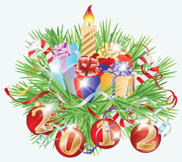 Tarjeta de Año Nuevo con juguetes y velas, ilustración vectorial — Vector de stock