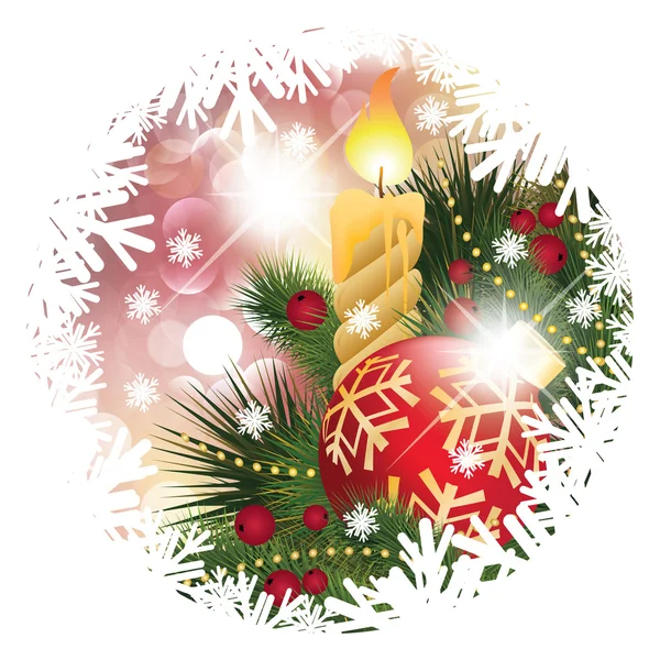 Biglietto natalizio con candela e palla, illustrazione vettoriale — Vettoriale Stock