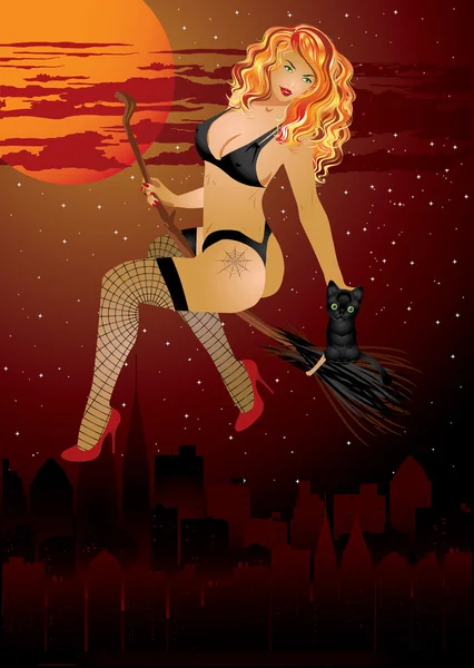 Sexy witch in city, vector illustration — Stock Vector