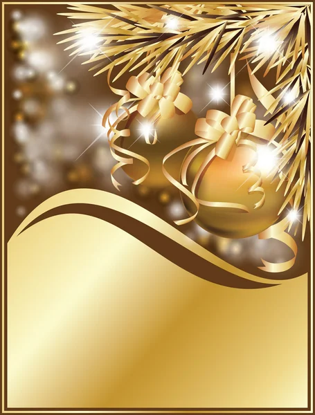 Χρυσή ευχετήρια κάρτα χειμώνα με μπάλες xmas — Διανυσματικό Αρχείο