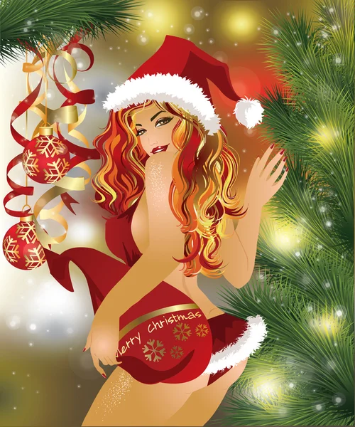 Sexy Santa fille avec des boules de Noël — Image vectorielle