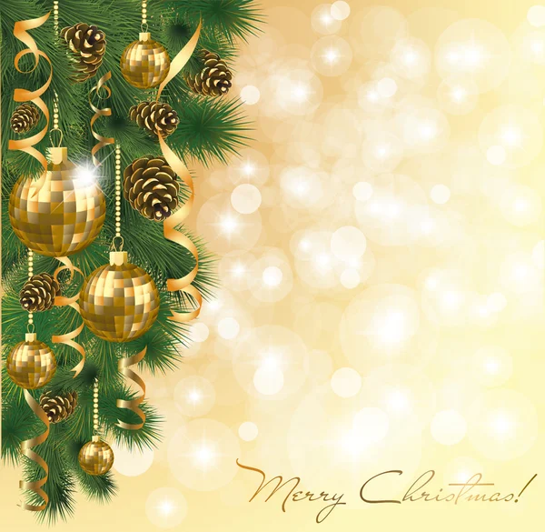 Biglietto natalizio con palline d'oro, illustrazione vettoriale — Vettoriale Stock