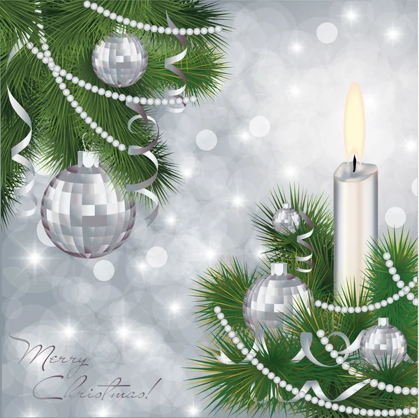 Wintergrußkarte mit Silberkugeln und Kerze, Vektor — Stockvektor