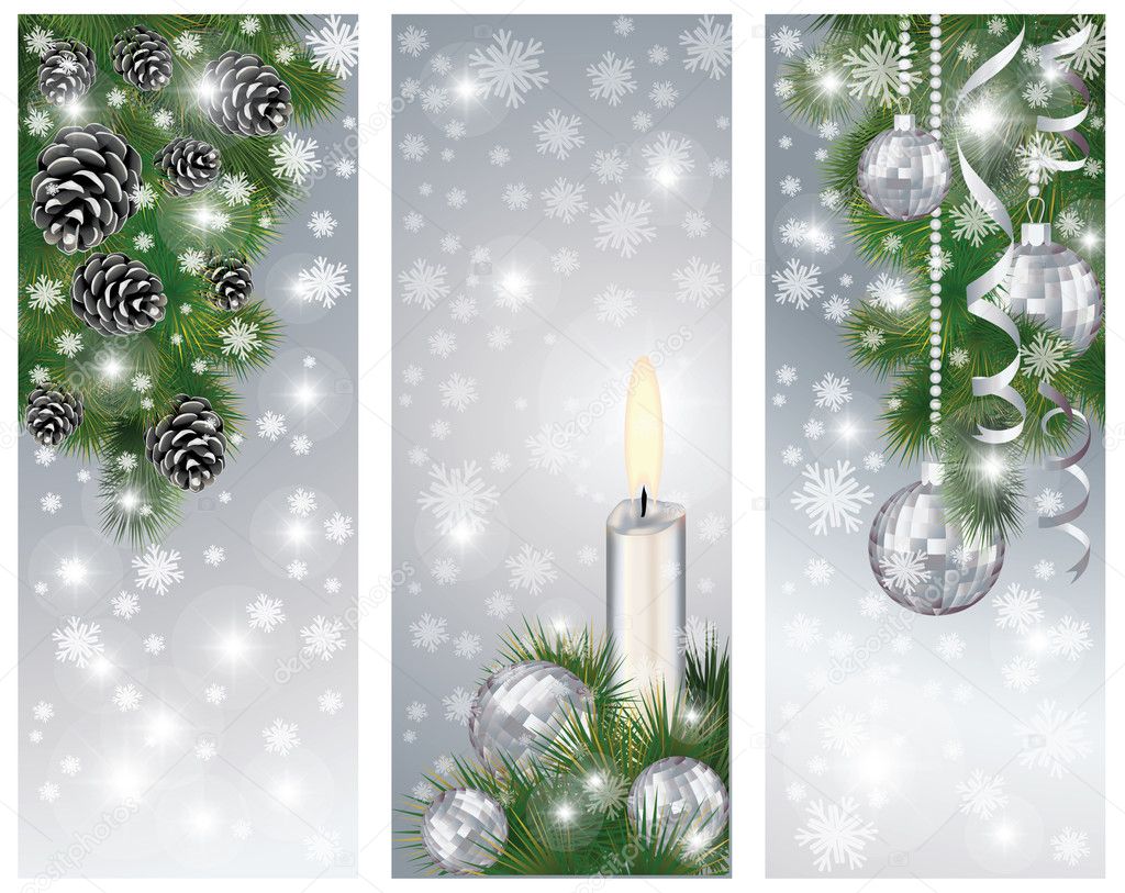 Set silver winter banners with xmas balls and candle, vector