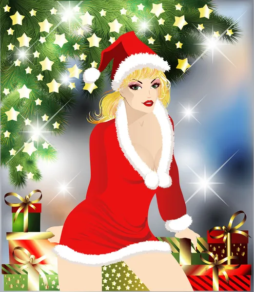 Santa flicka med xmas gåvor, vektor illustration — Stock vektor
