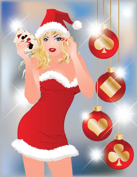 Noel Baba kız poker kartları ve Noel topları, vektör — Stok Vektör